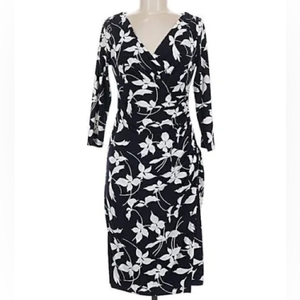 Lauren Ralph Lauren black white floral faux wrap dress 6 Jersey Career Office